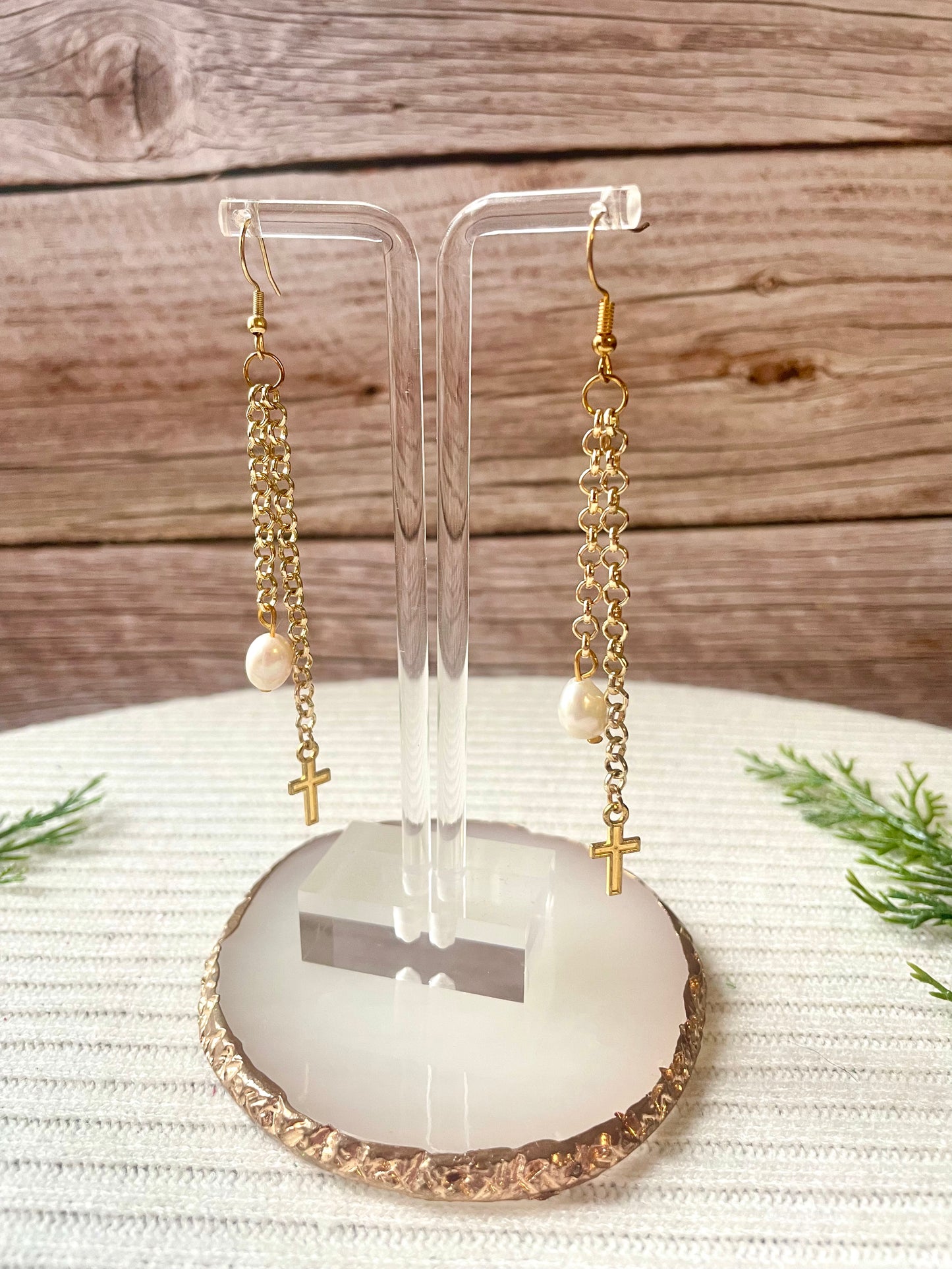 Gold & silver dangle cross/ bead earrings