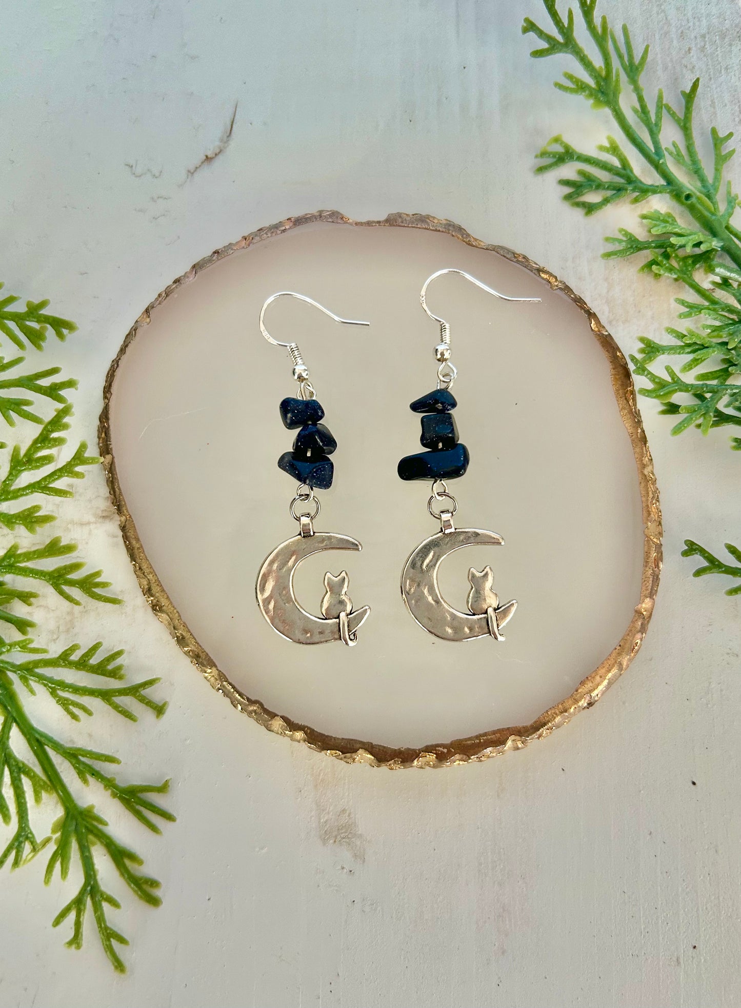 Cat moon dangle earrings w/ black sparkly crystals