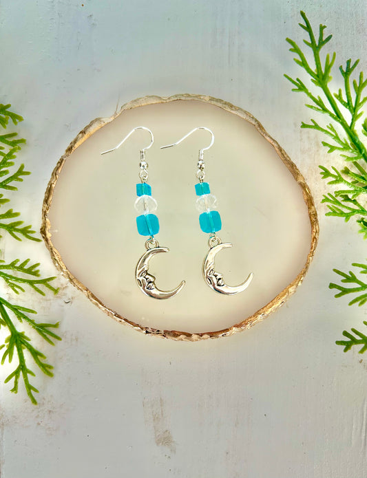 Dangle moon earrings w/ blue & clear gemstones