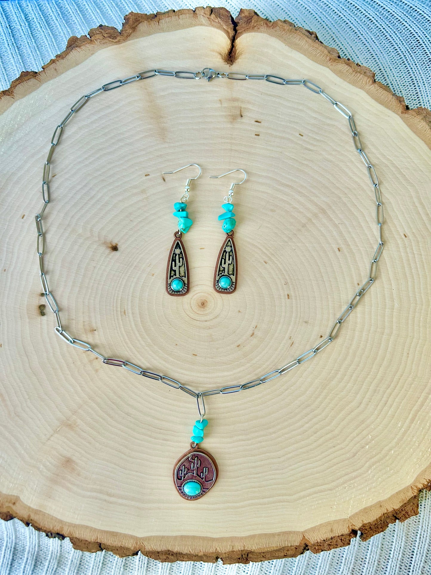 Turquoise crystal silver engraved cactus necklace & earring set