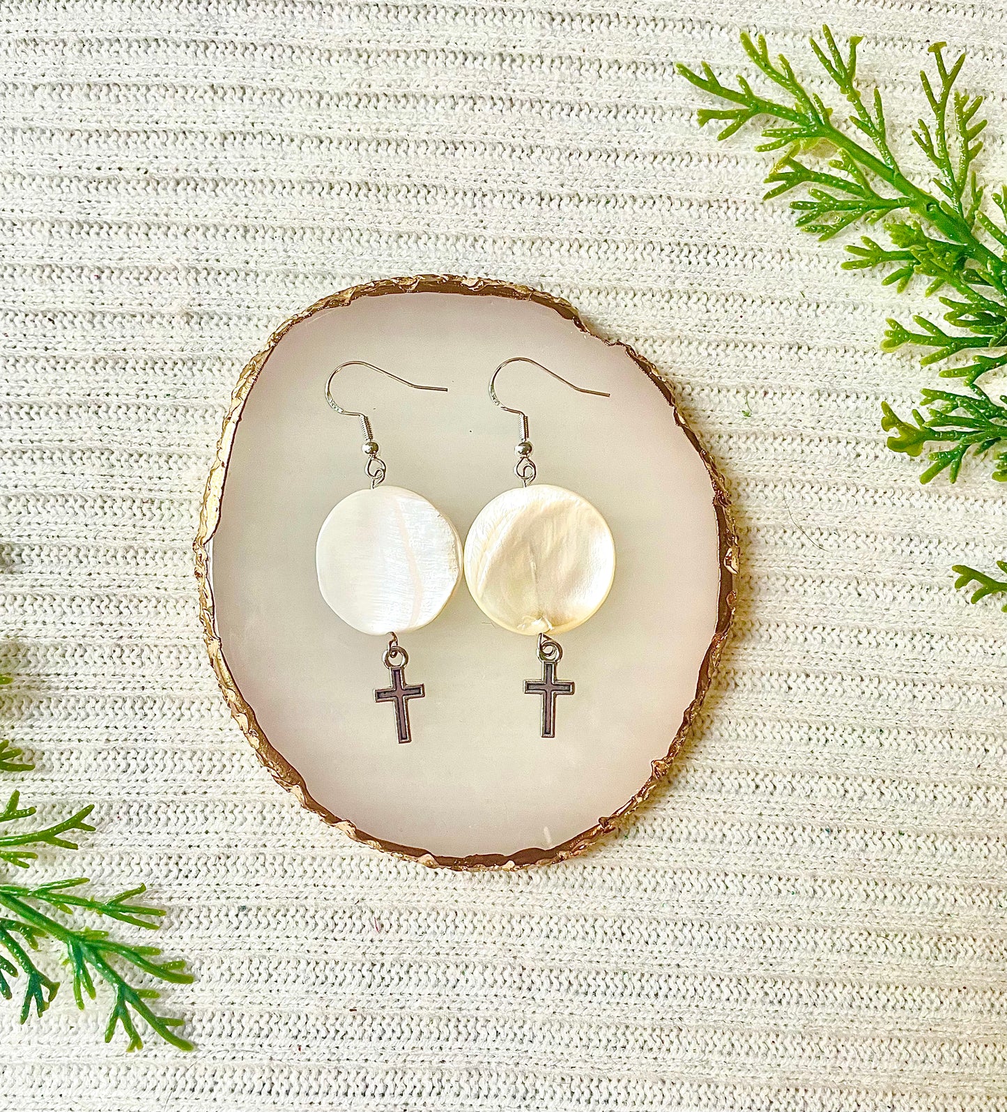 Circle Pearl cross earrings