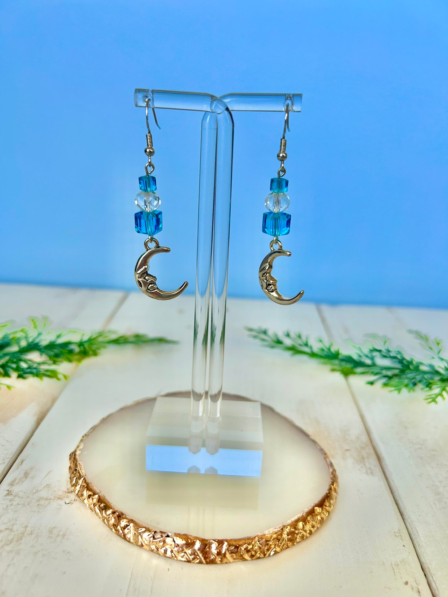 Dangle moon earrings w/ blue & clear gemstones