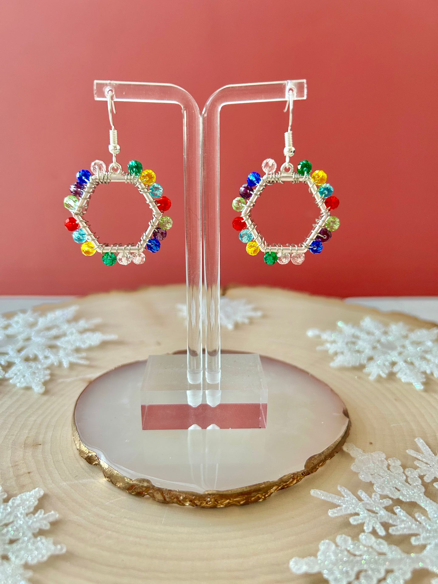 Hexagon wire beaded wrap earrings