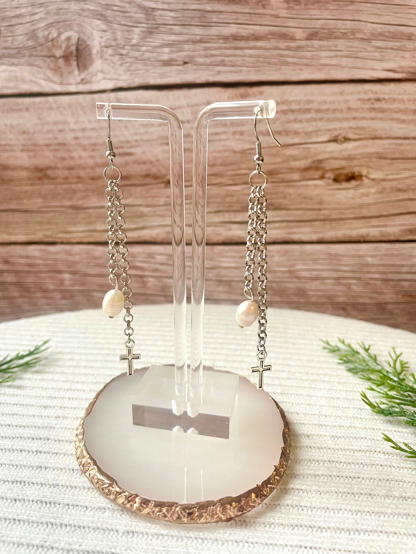 Gold & silver dangle cross/ bead earrings