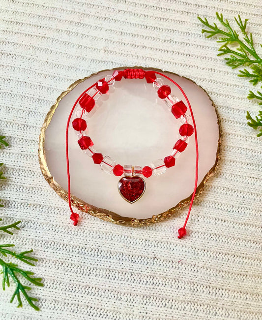 red glitter heart adjustable knotted bracelet