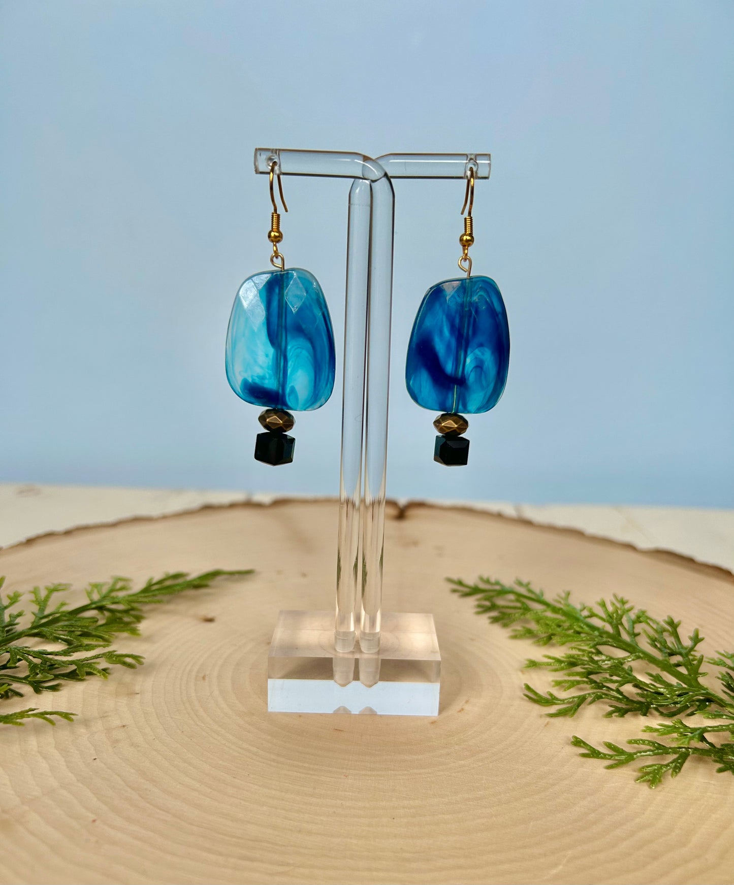 Blue flat gemstone bead dangle earrings