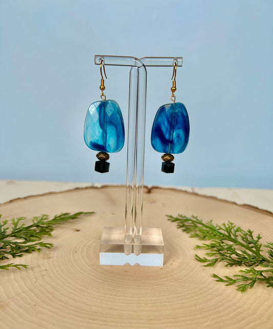 Blue flat gemstone bead dangle earrings