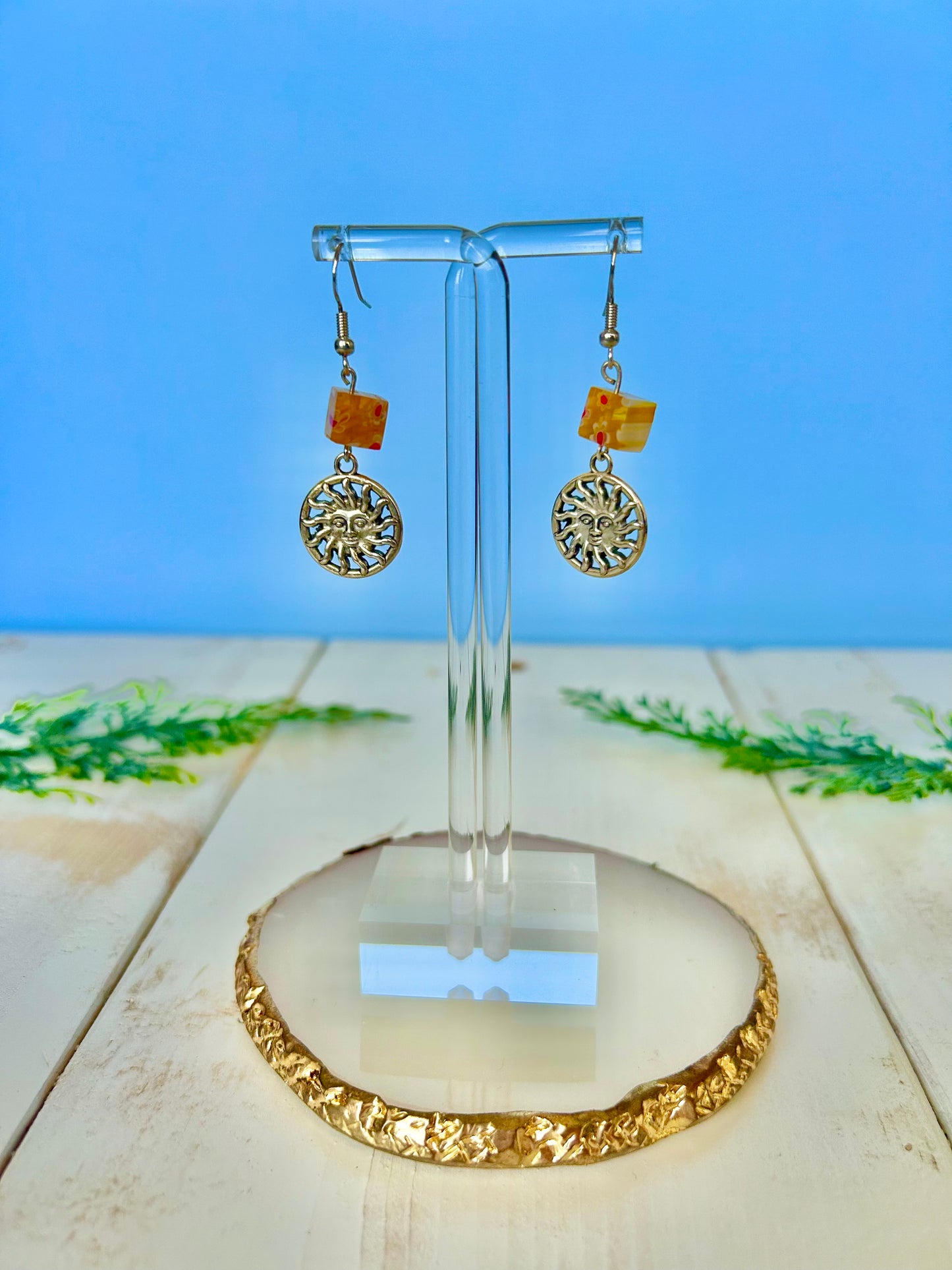 Square flower bead dangle sun earrings