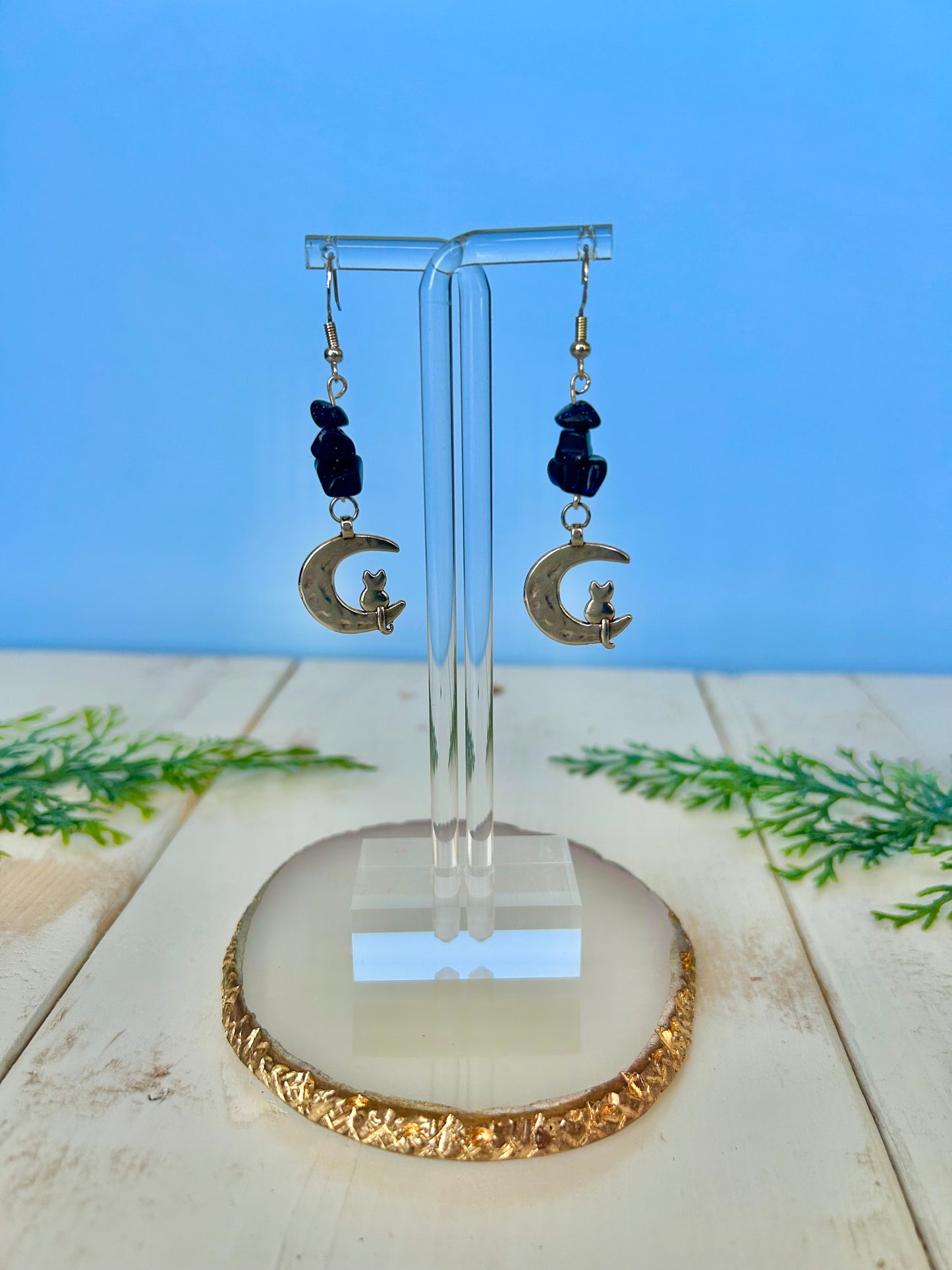 Cat moon dangle earrings w/ black sparkly crystals