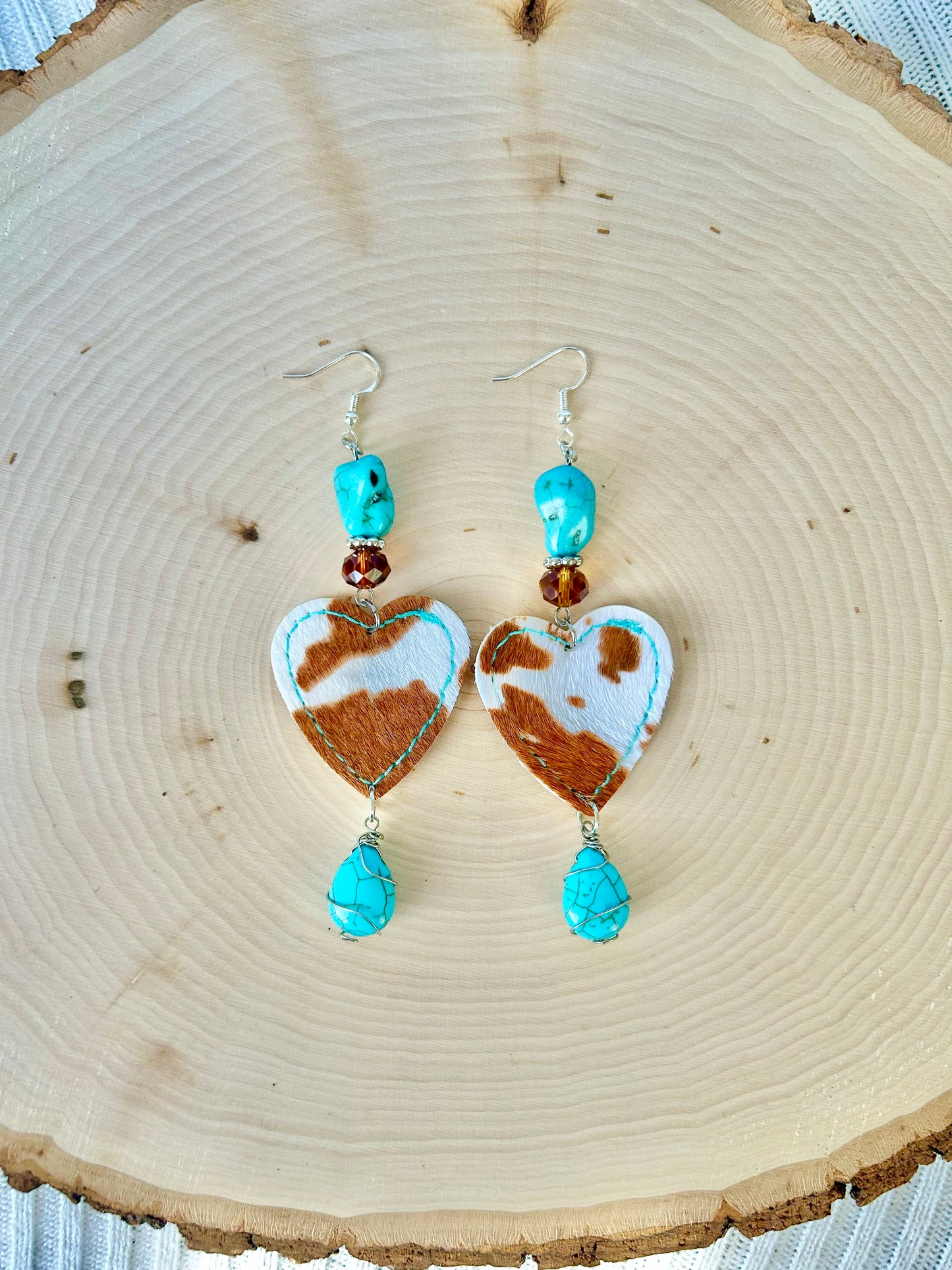 Heart cowprint dangle earrings w/ turquoise beads