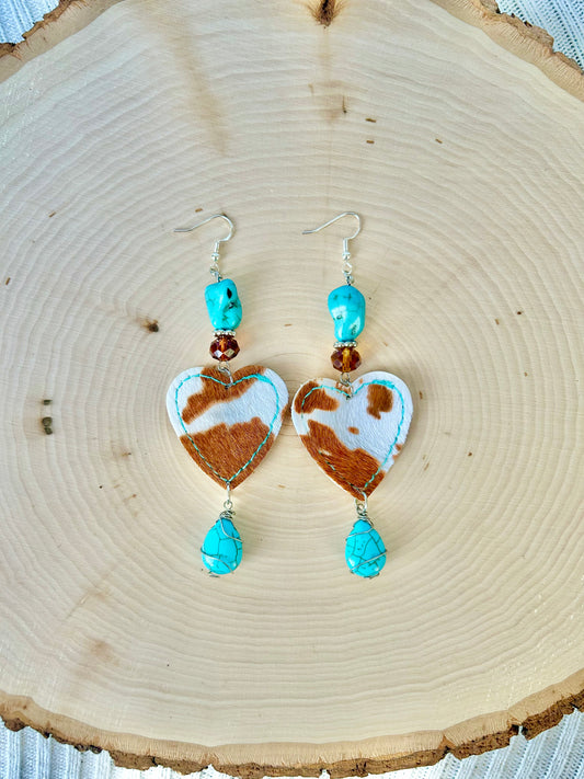 Heart cowprint dangle earrings w/ turquoise beads