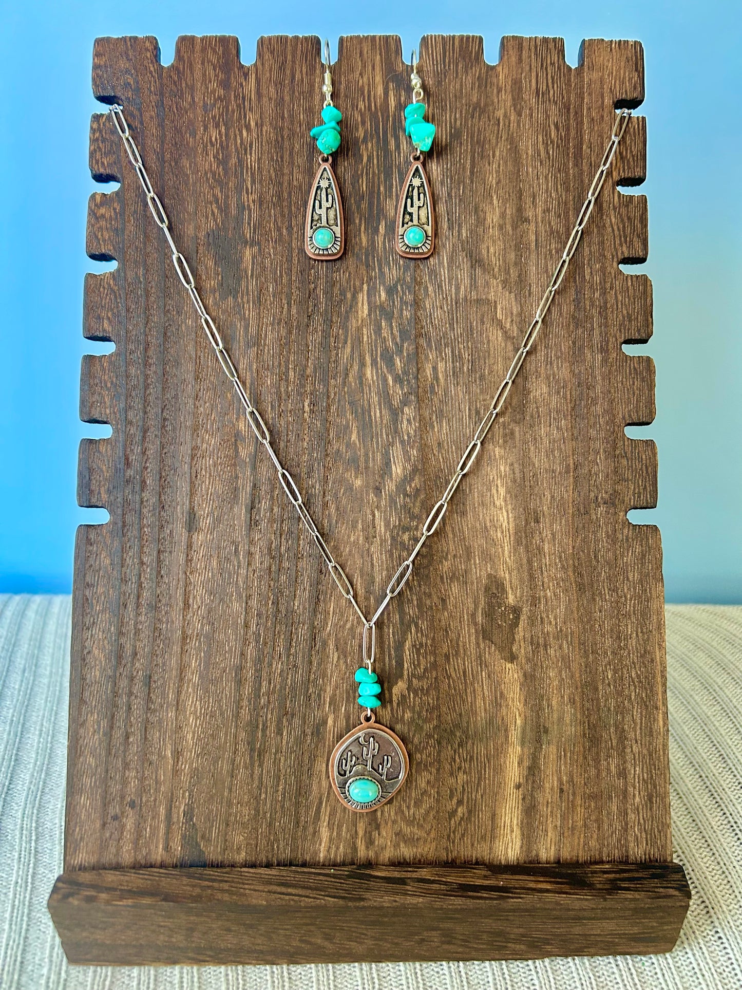 Turquoise crystal silver engraved cactus necklace & earring set