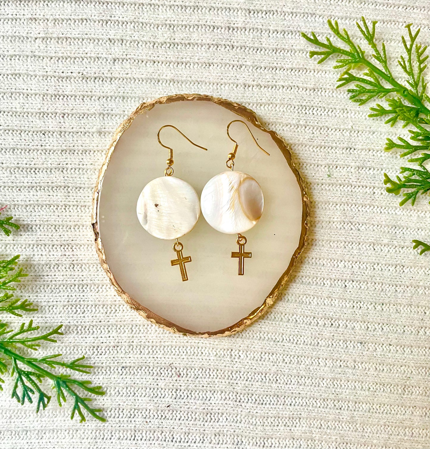 Circle Pearl cross earrings