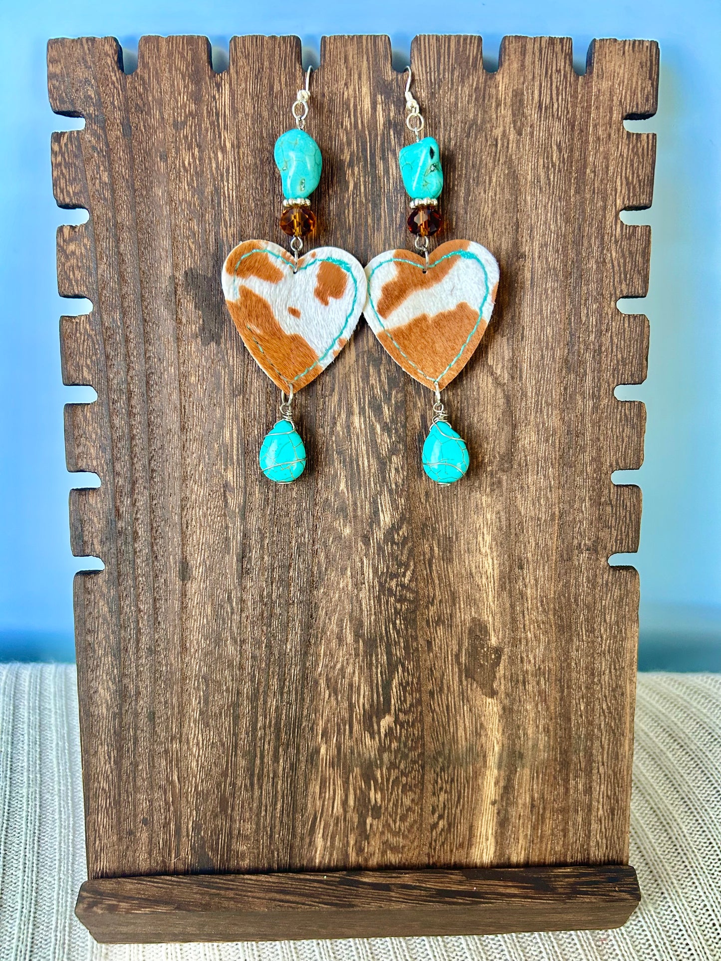 Heart cowprint dangle earrings w/ turquoise beads