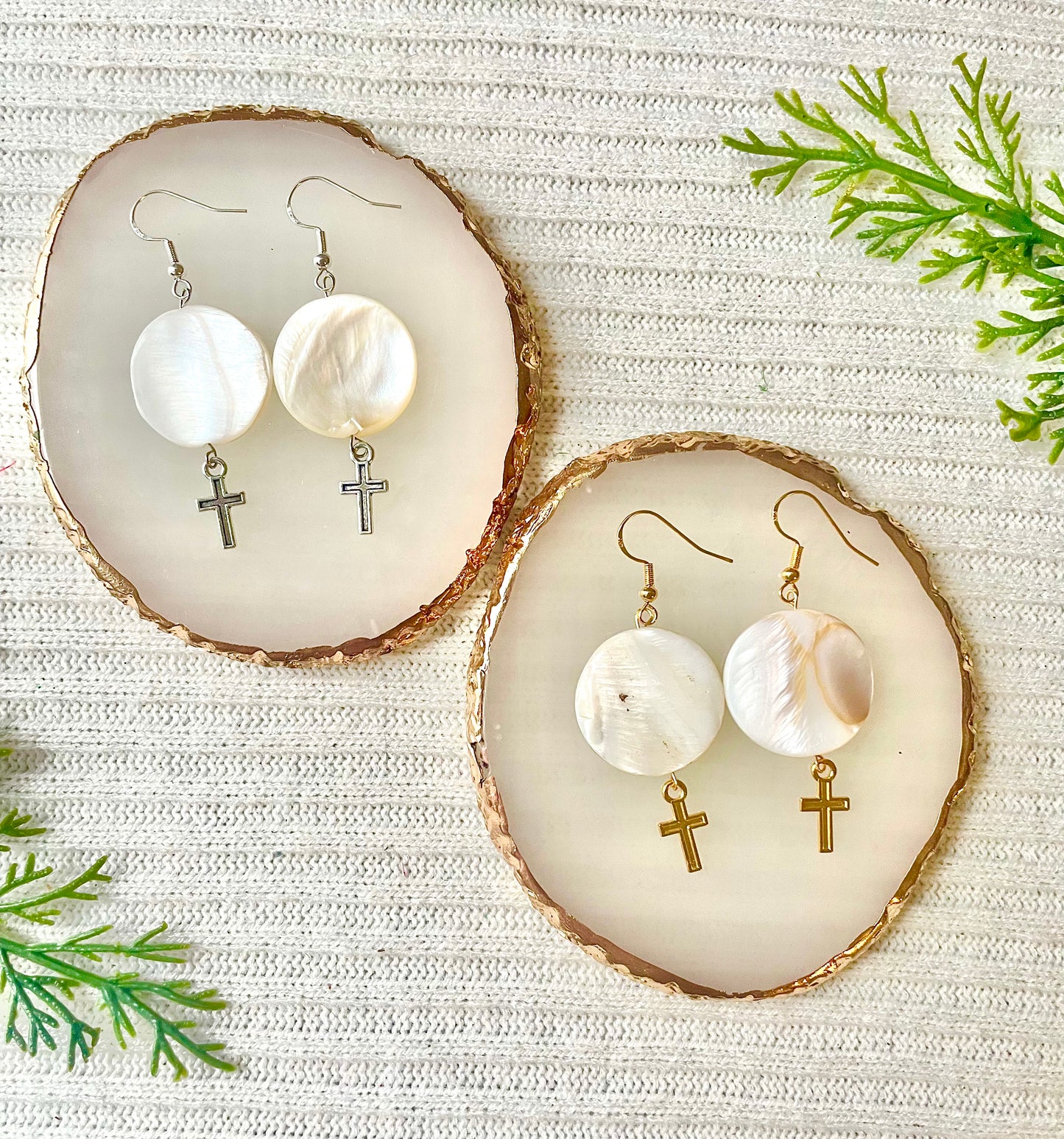 Circle Pearl cross earrings